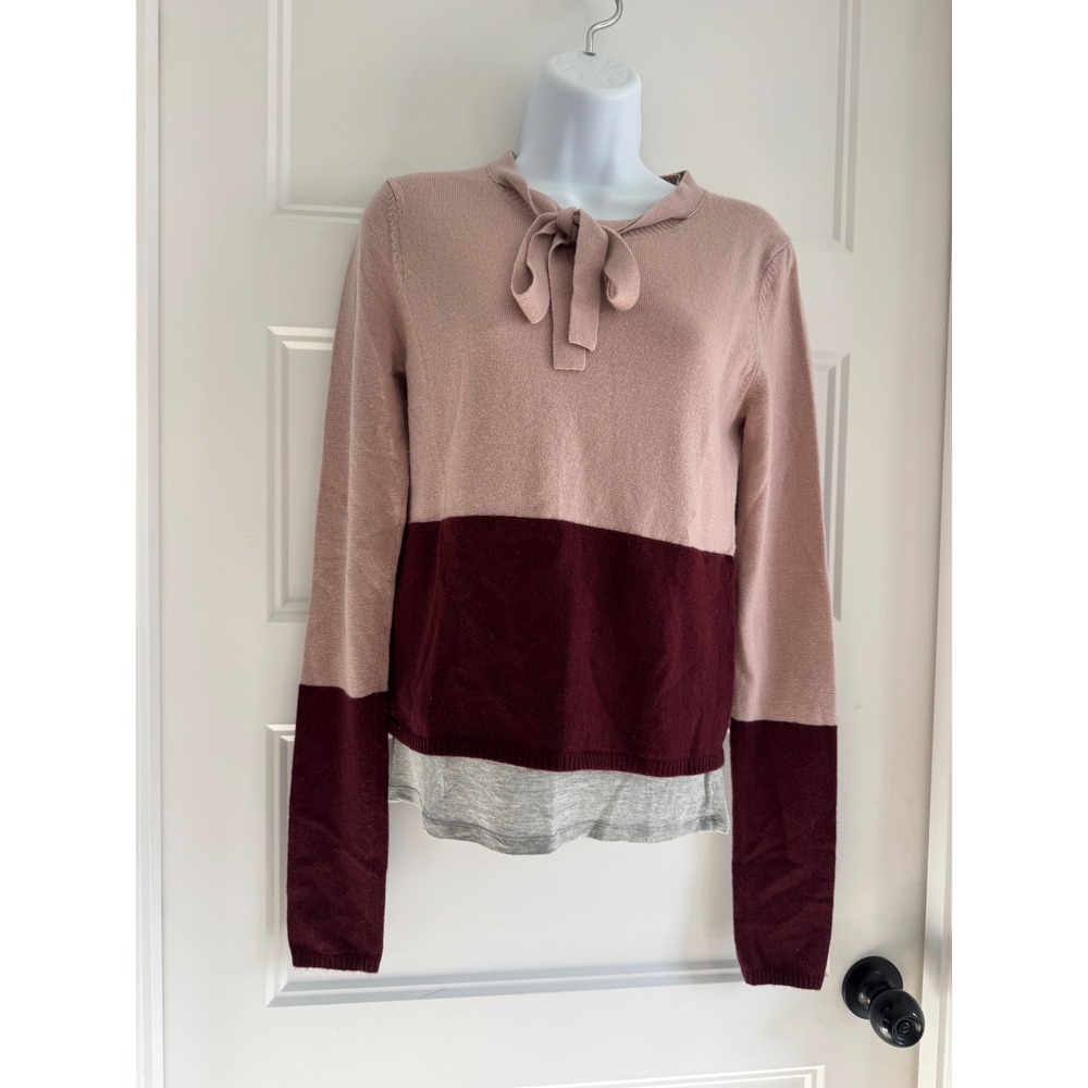 Diane von Furstenberg DvF Wool Cashmere Silk Bow Neck Colorblock Sweater Pink M - Picture 2 of 12
